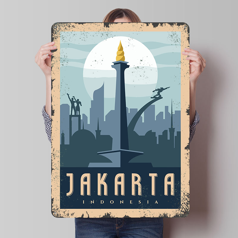 Home Decor Jakarta - Jakarta Indonezja Metalowy Plakat Podróżniczy Personalizowana